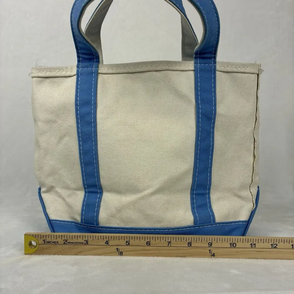 Vintage LL Bean Mini Boat And Tote -Beige Light Blue Canvas Bag With Zipper Top